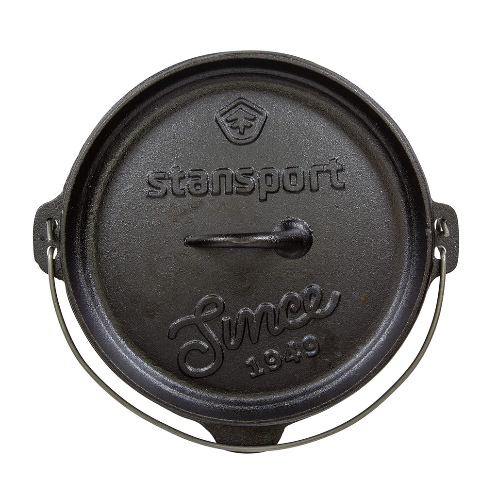 Stansport's Cast Iron Dutch Oven with Lid (16023) - Large 4 Quart Capacity, Durable Cast Iron Construction, Perfect for Outdoor Cooking, Home Kitchen and Camping Trips, Flat Bottom Design