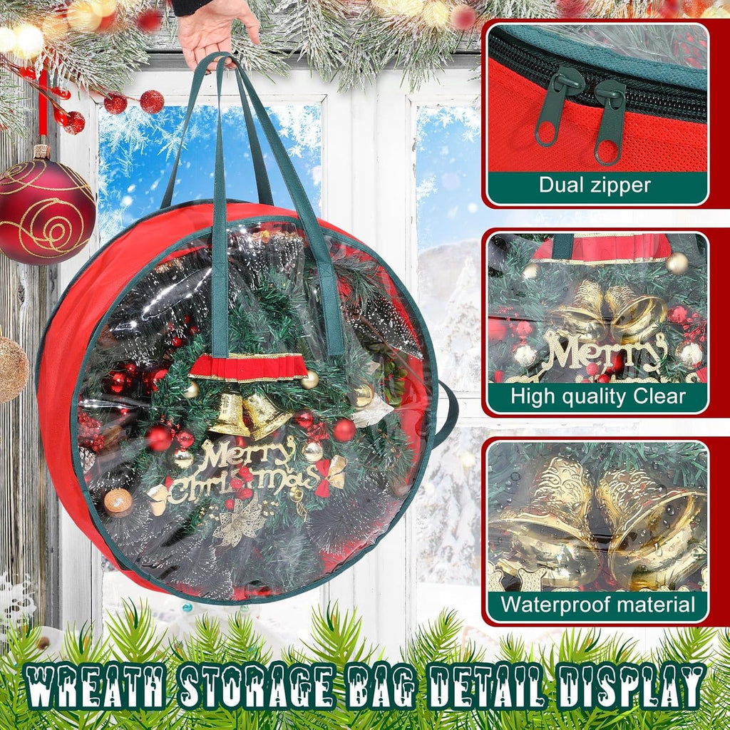 Shappy Wreath Storage Bag - 12 Pcs Clear Window Containers with Handle for Holiday Decor | 24 Inch