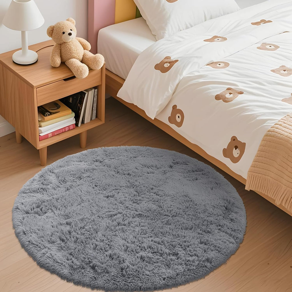 OLANLY Round Light Grey Area Rug - Soft & Fluffy 3 ft Machine Washable Carpet for Bedrooms & Nurseries