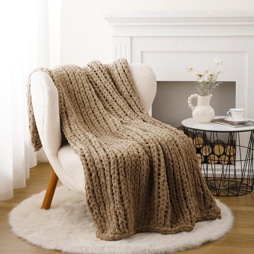 Battilo Beige Chunky Knit Throw Blanket, Soft and Thick Cream Chenille Throw Blanket, 50"x60" Handmade Cable Knit Crochet Blanket, Cozy Knot Knitted Throw Blankets for Couch Home Decor, Taupe