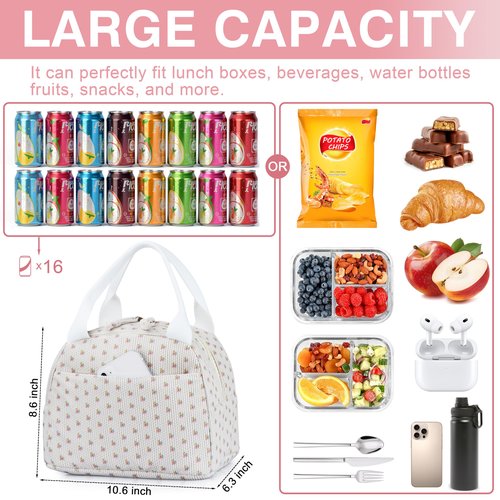 TESAFNG Lunch Bag - Insulated Lunch Box for Women, Reusable Large Capacity Cooler Bag for Adult, Small Leakproof Cute Corduroy Lunch Tote for Work Office Travel Picnic (Little Flower White)