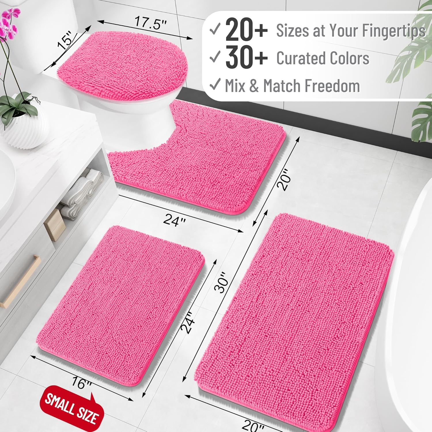 OLANLY Large Bath Rugs - Extra Soft Chenille with Quick-Dry Rubber Backing | 44x32, Hot Pink