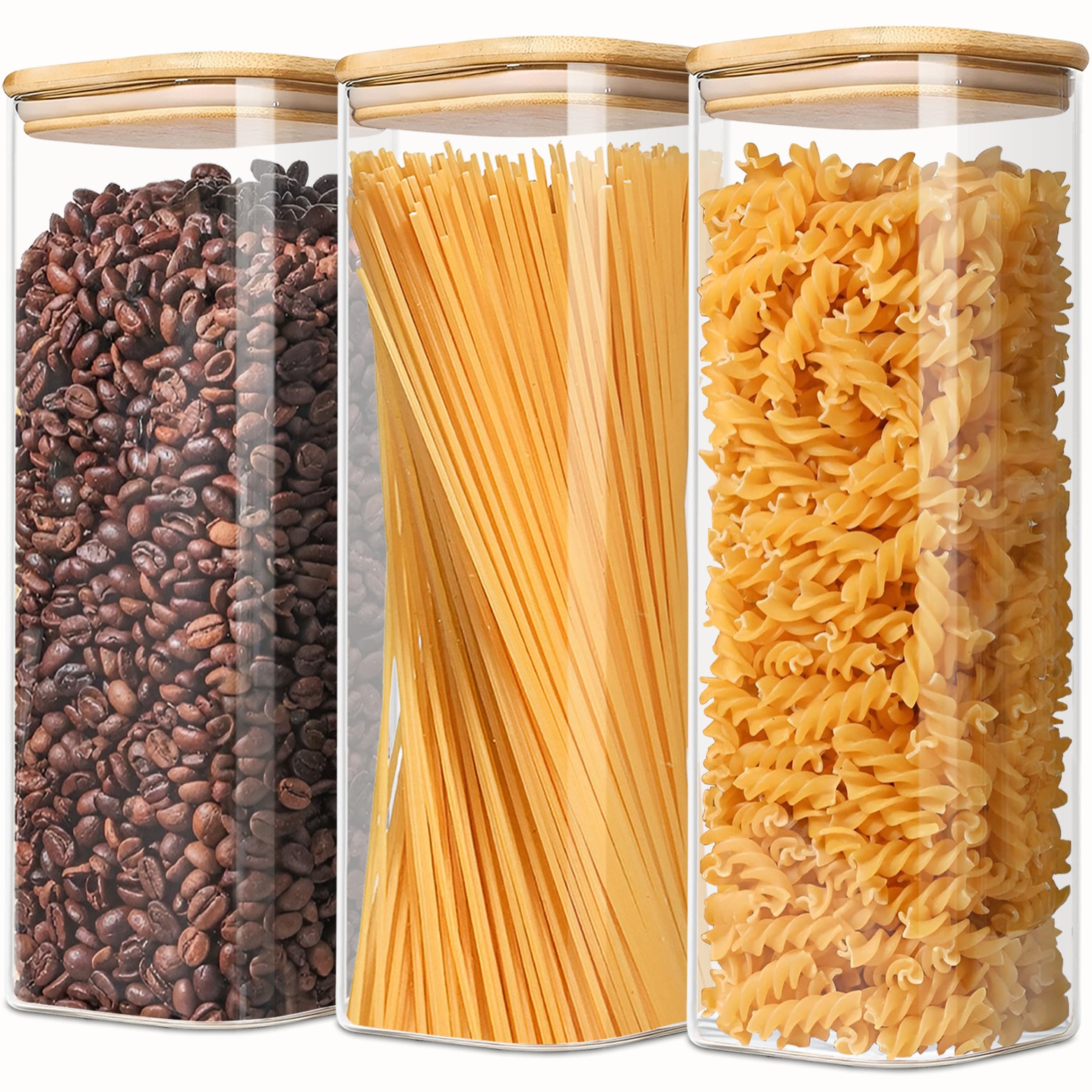 VIEWELLD 2.2 Qt Square Glass Storage Containers with Lids, Clear Food Storage Container Jar with Sealing Bamboo Lid Storage Containers for Pasta, Oats, Coffee, Flour, Sugar, Square Set-3Pack