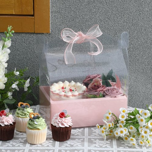 Honeydak 10 Kit 4 Inch Cake and Flower Clear Boxes, Portable Clear Gift Box for Cake Flower Pack Together, Transparent Gift Packaging with Ribbon for Valentine Wedding Holiday Party Favors(Pink)