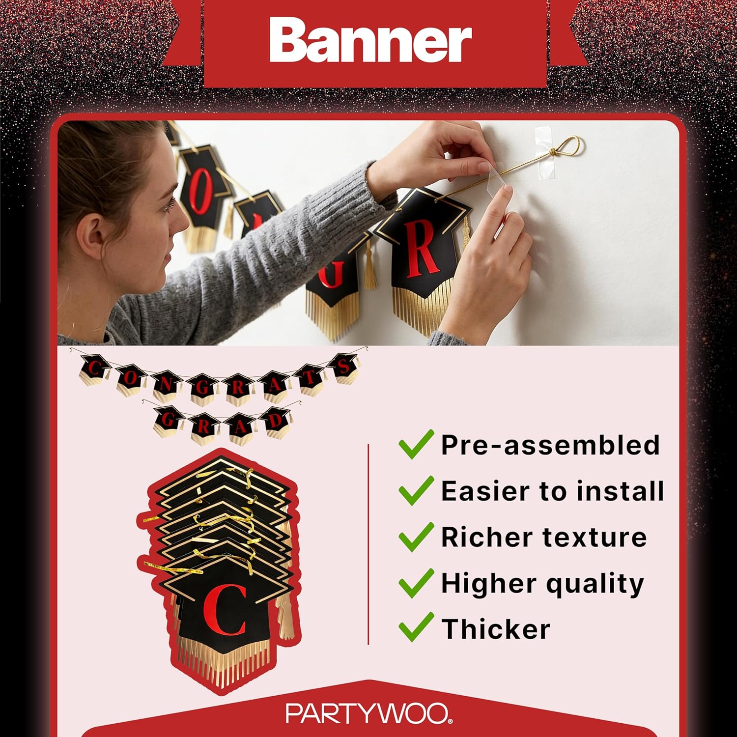 PartyWoo Graduation Banner - Class of 2026 Black and Red Decorations | 2-Piece Hanging Congrats Grad Set