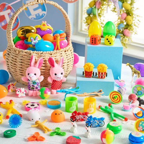 JOYIN 50 Pcs Prefilled Easter Eggs with Toys, 48 Bright Colorful and 2 Pcs Gold Filled Plastic Eggs with Toys for Easter Eggs Hunt Filler, Basket Stuffer, Party Favors
