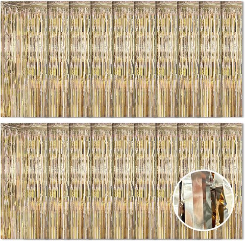 Champagne Gold Foil Curtain Backdrop - 20 Pack 3.2ft x 8.2ft Metallic Tinsel Streamers for Party Decor