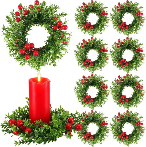 Daifunli Christmas Pillar Candle Rings - 8 Pcs 2-Inch Mini Artificial Boxwood Berry Wreaths for Holiday Decor