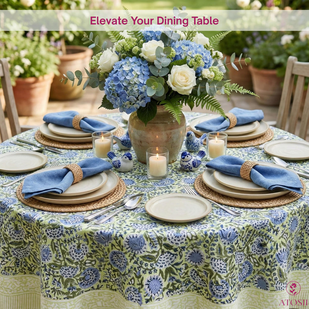 ATOSII Amara 100% Cotton Round Summer Tablecloth, Handblock Print Floral Table Cloth for Kitchen Dining Linen I Parties, Weddings, Outdoors I Grand Millennial Farmhouse Home Decor 72" Inches Round