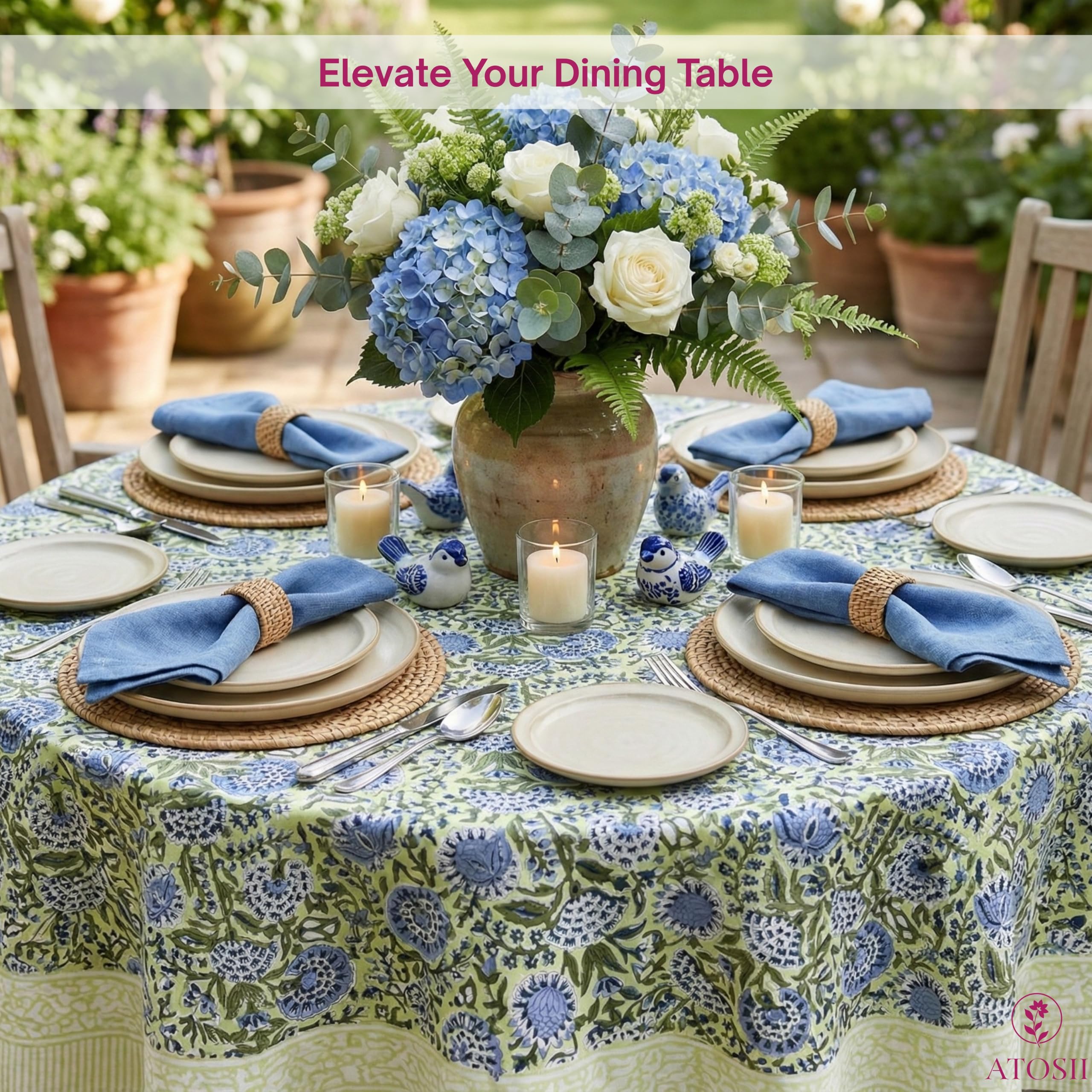 ATOSII Amara 100% Cotton Round Summer Tablecloth, Handblock Print Floral Table Cloth for Kitchen Dining Linen I Parties, Weddings, Outdoors I Grand Millennial Farmhouse Home Decor 72" Inches Round