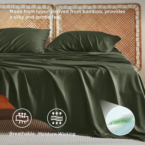 Bedsure Cooling California King Sheet Set - Breathable & Soft Rayon from Bamboo | Deep Pocket Olive Green