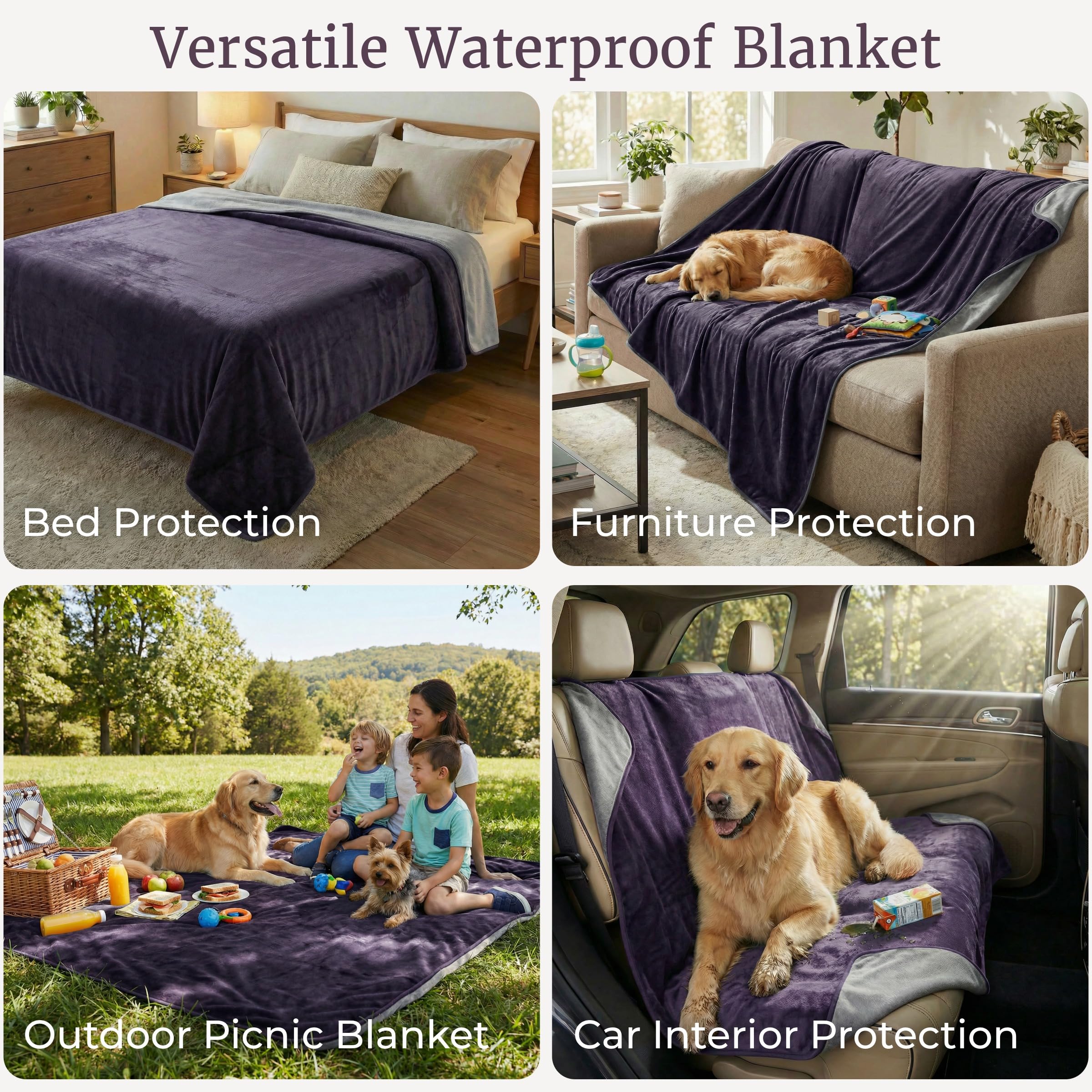 Lavish Home Waterproof Blanket - 80x80 King-Size Blanket for Kids, Pets, and Outdoors - Throw for Bed, Couch, Chair and Car (Purple)