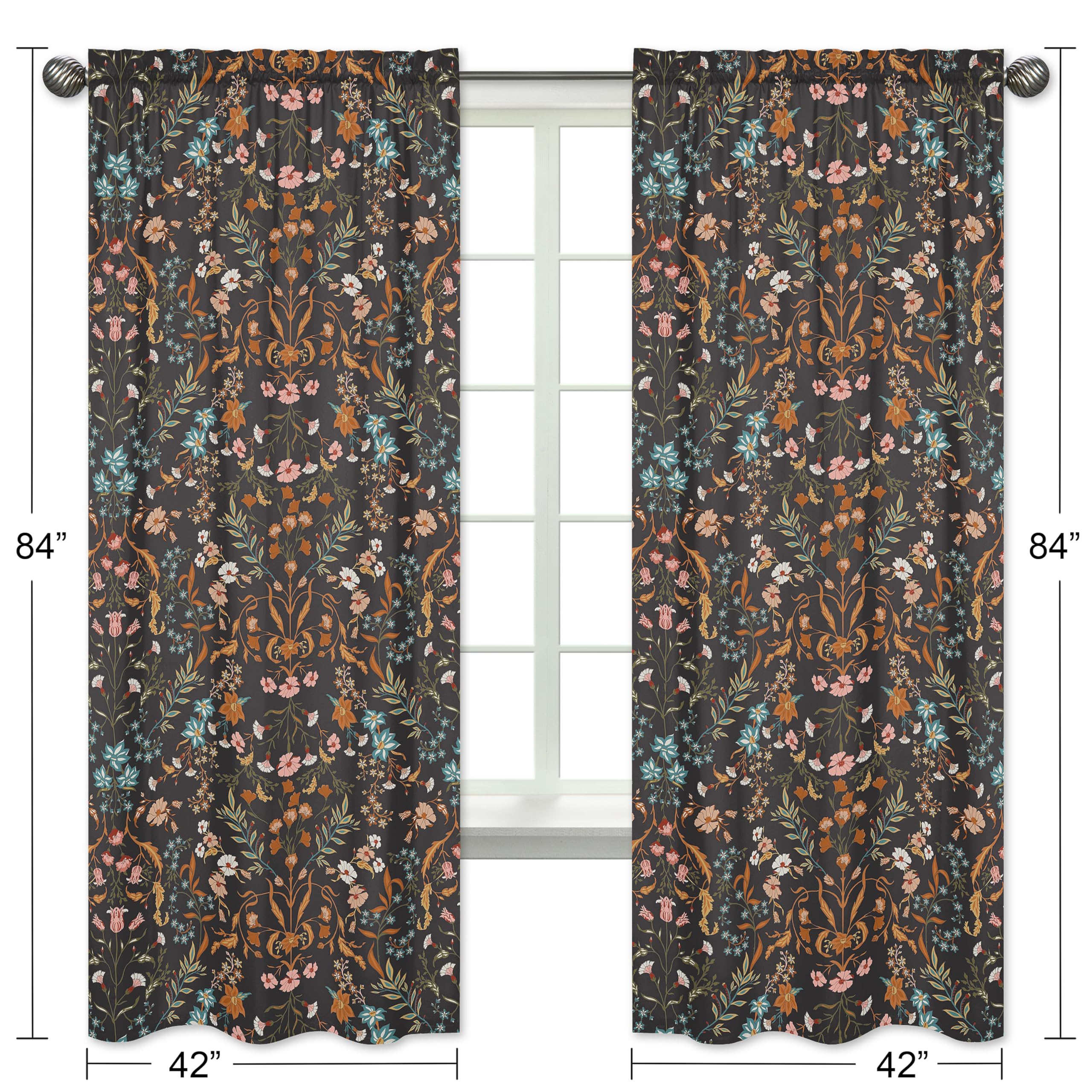 Sweet Jojo Designs Boho Wildflower Vintage Floral Girl Window Curtains Treatments Panels Baby Nursery Kids Bedroom Kitchen Room - Set of 2 - Black Orange Teal Bohemian Farmhouse Botanical Cottagecore