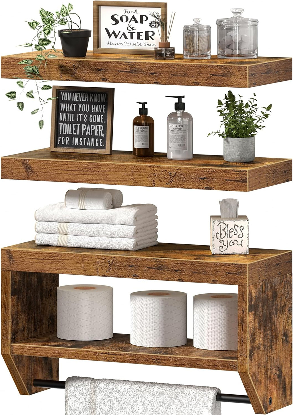 QEEIG Floating Bathroom Shelves - Rustic Brown Wall Storage Set of 3 | 16 Inch Over Toilet Solution