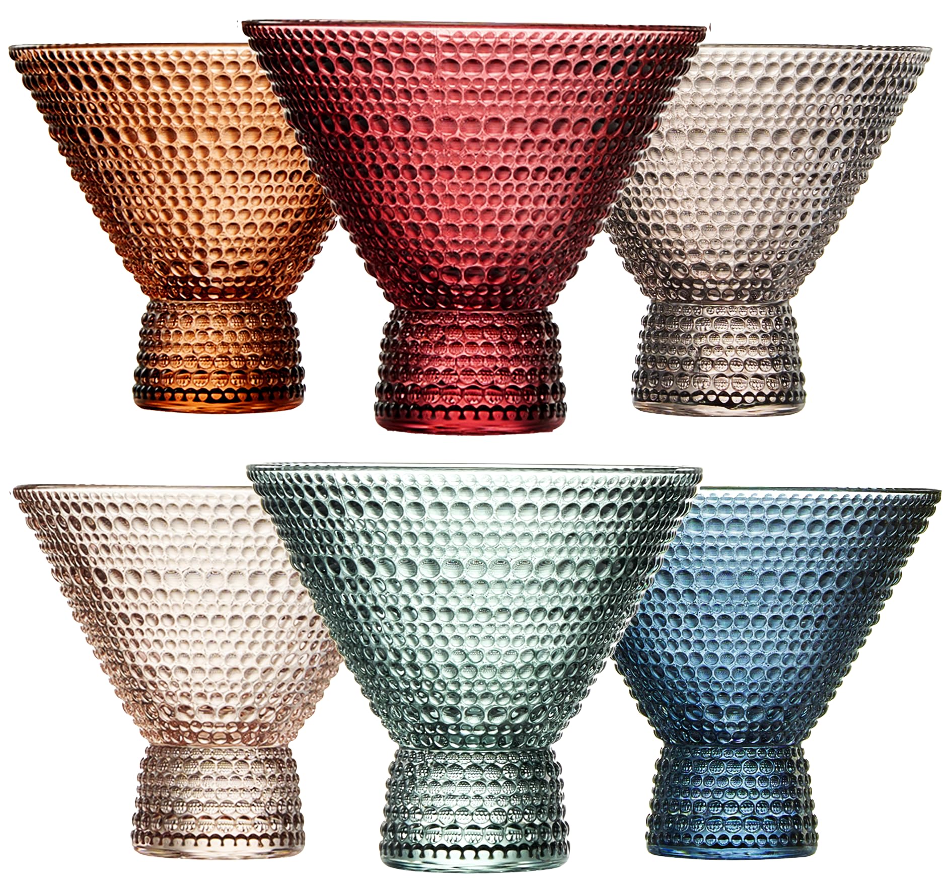Khen Stemless Martini Colored Vintage Art Deco Glasses - Martini, Cocktail & Champagne Glasses | Set of 6 | Pastel Muted Crystal Cocktail Glassware, Goblet Cocktails, Bar Gift - Hobnail Design