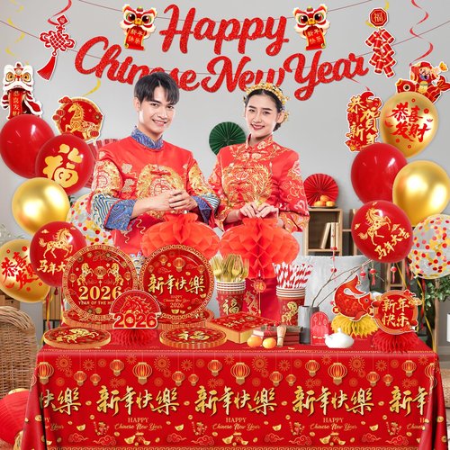 Chinese New Year Tableware,175pcs Chinese New Year Plates and Napkins Cups Tablecloth Banner Honeycomb for Lunar Year Horse Spring Festival