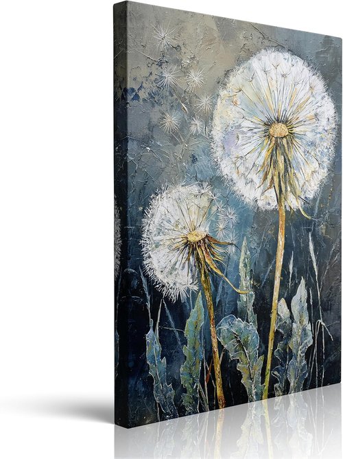 Dandelion Canvas Wall Art - Framed Wildflower Botanical Painting | Serene Blue Gray Decor, 12x16 Inches