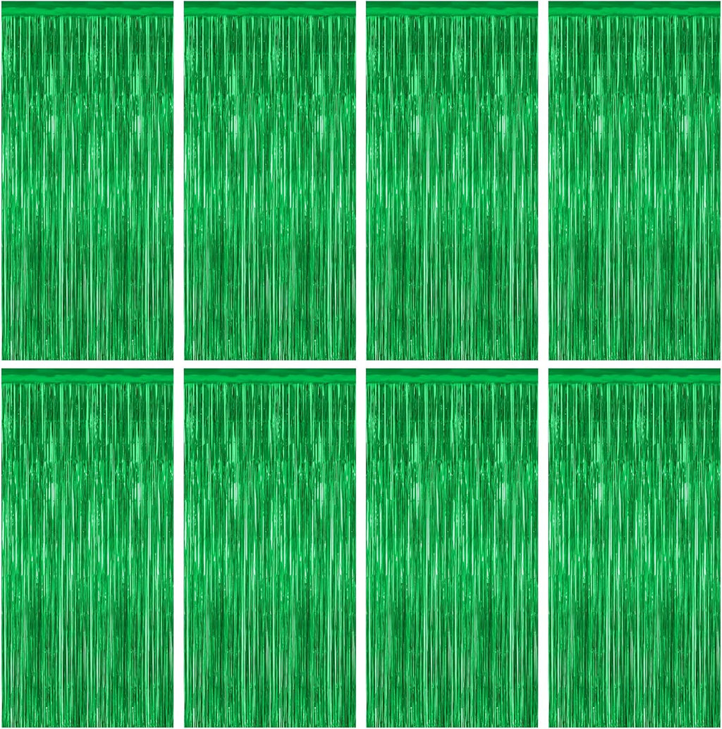 Skiennix 8 Pack Green Streamers - 3.28 FT x 7.05 FT Dinosaur Backdrop | Metallic Tinsel Fringe Curtains for Jungle Party Decor