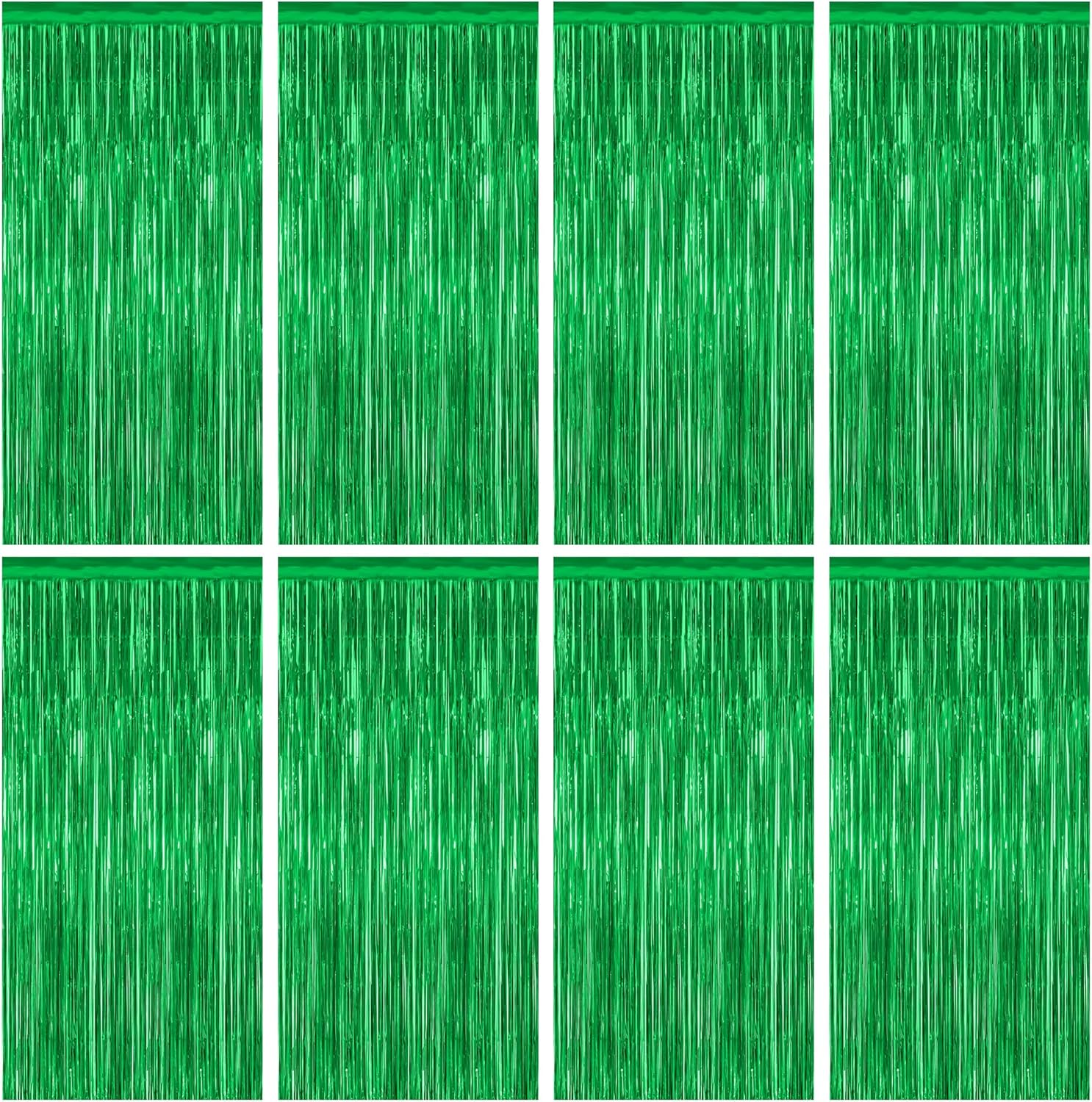 Skiennix 8 Pack Green Streamers - 3.28 FT x 7.05 FT Dinosaur Backdrop | Metallic Tinsel Fringe Curtains for Jungle Party Decor