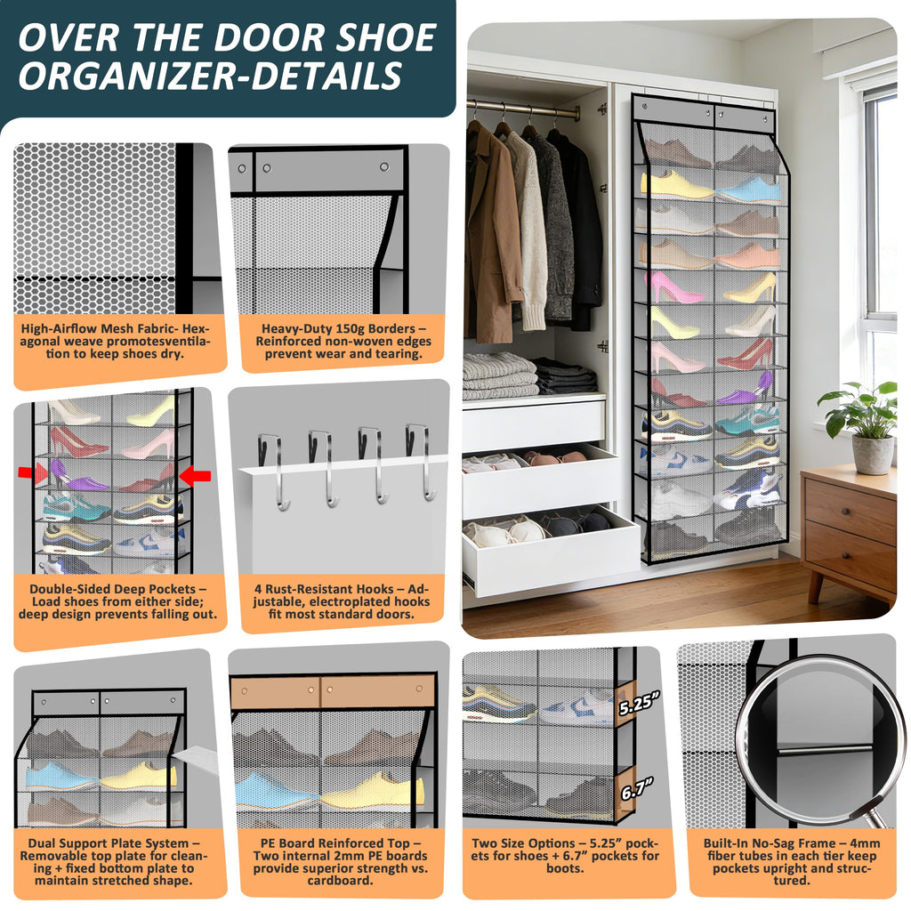 Kotkn 24-Pair Over Door Shoe Organizer for Family & Kids, Double Sided | Hanging Storage for Sneakers, Boots, Toys & Room Organization-Graphite Gray