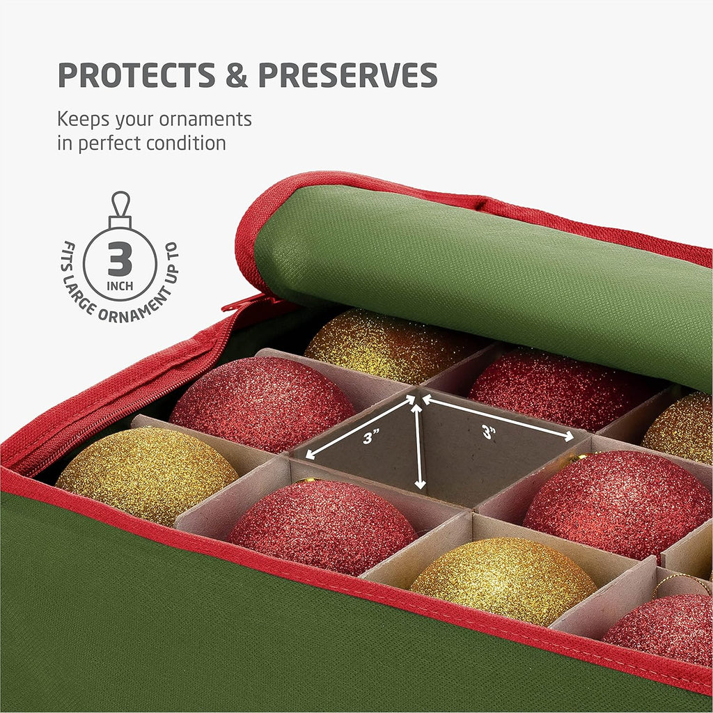 ZOBER Christmas Ornament Storage Box - Holds 64 Ornaments with Dividers - Durable Tear-Proof 600D Oxford Fabric - Green