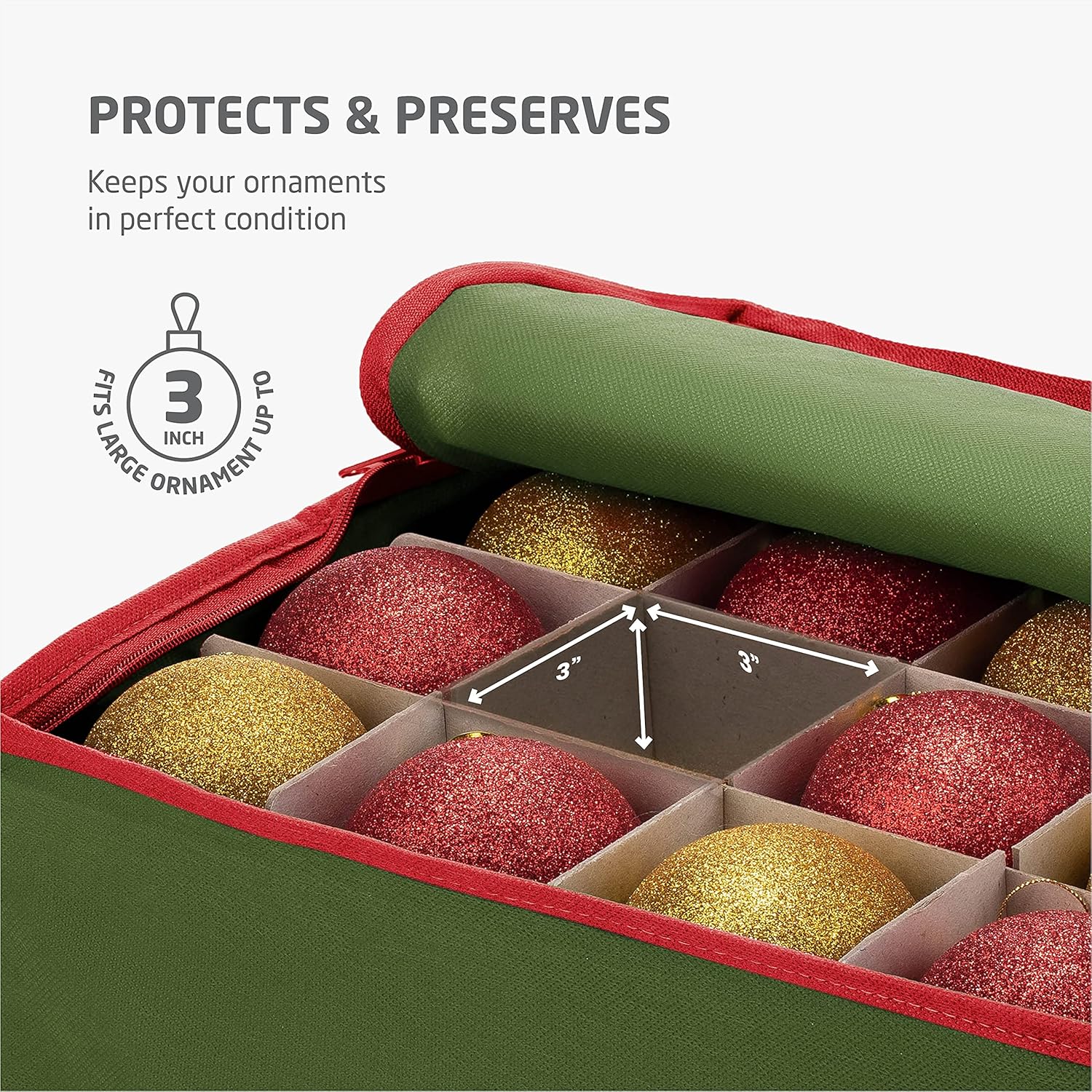 ZOBER Christmas Ornament Storage Box - Holds 64 Ornaments with Dividers - Durable Tear-Proof 600D Oxford Fabric - Green