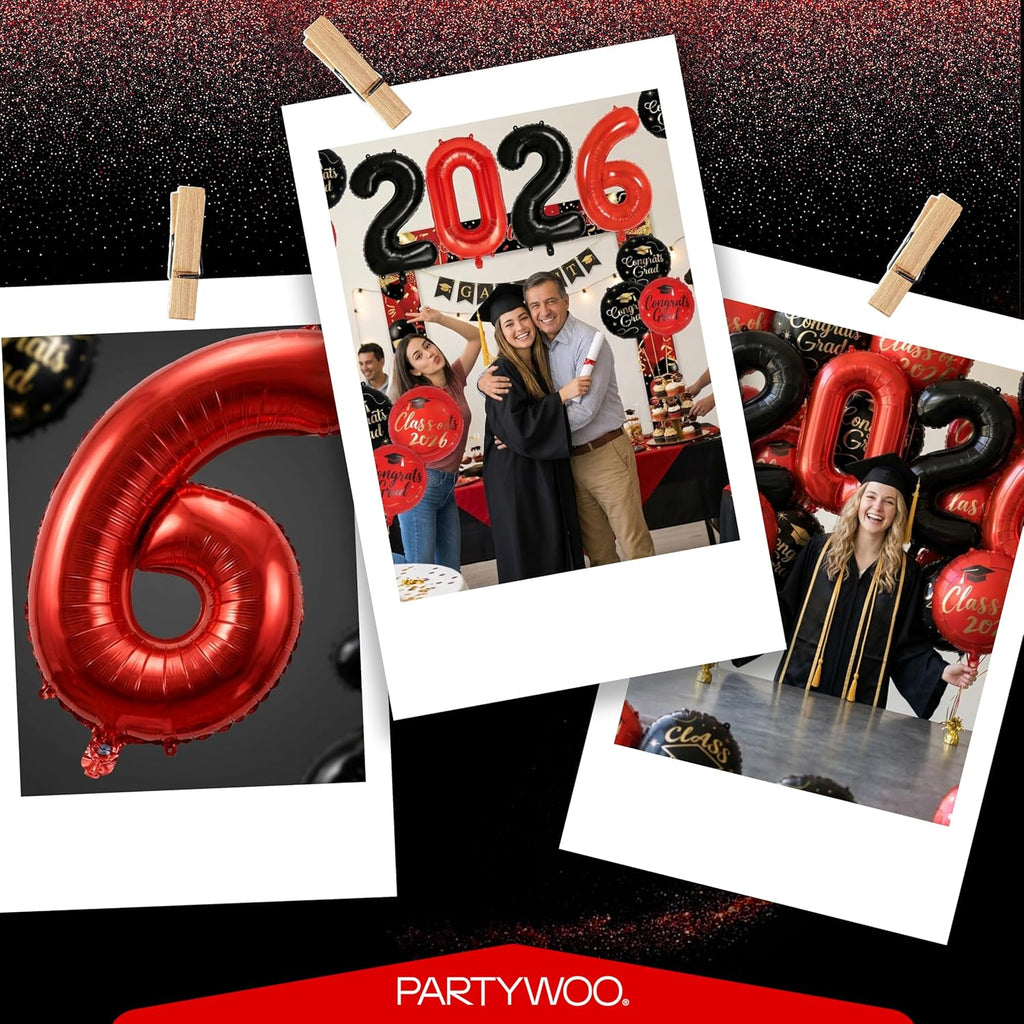 PartyWoo Graduation Balloons - Class of 2026 Black, Red & Gold Foil Number Balloons | 12pcs, 40 Inch & 18 Inch Mylar Decor