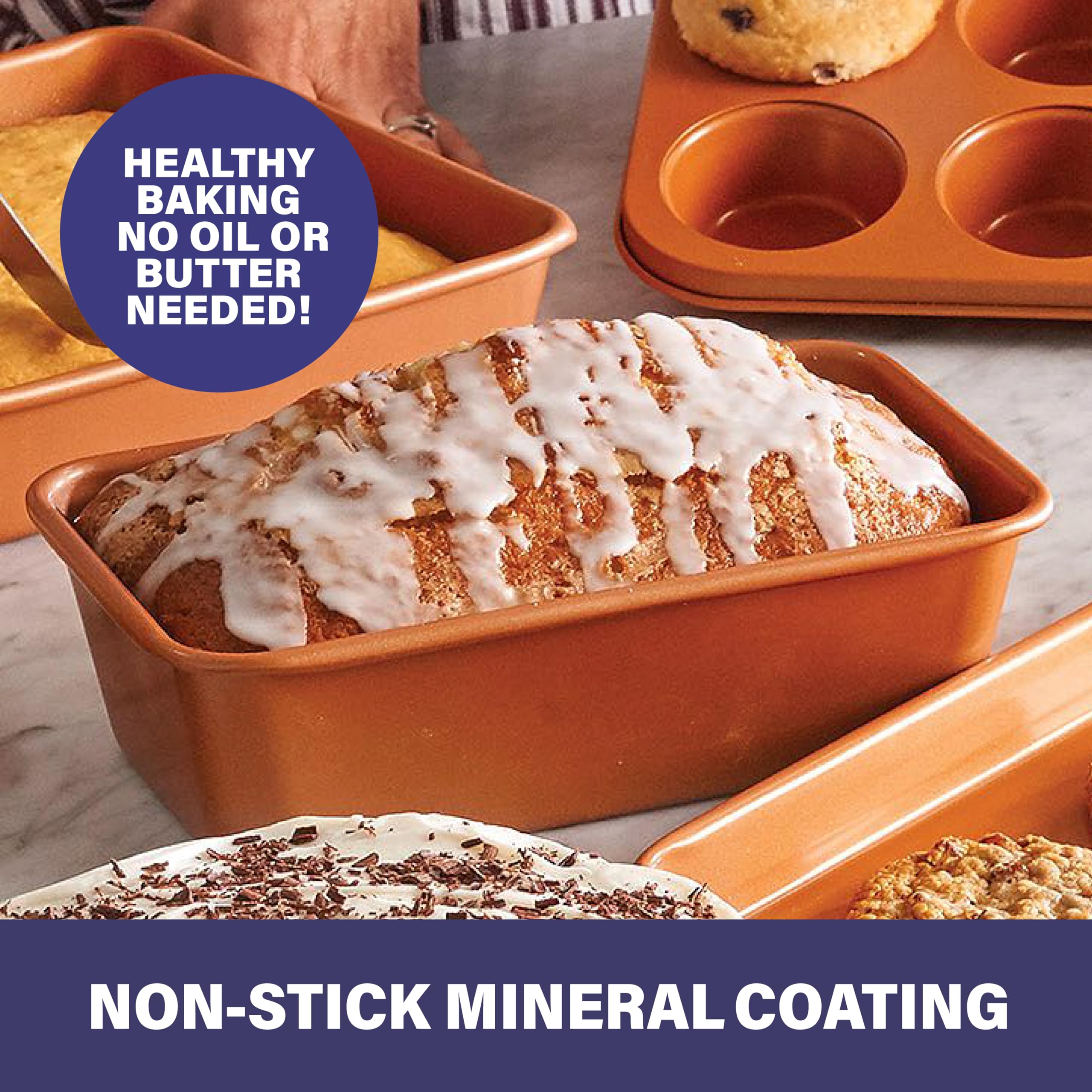 Gotham Steel Non Stick Ceramic Bakeware Set, 5 Piece No Warp & Dishwasher Safe Baking Set, Baking Pans Set with Round & Square Baking Pan, Muffin Pan, Loaf Pan & Baking Sheet for oven, 100% PFOA Free
