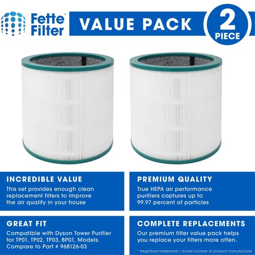 Fette Filter - 2 Pack of Air Purifier True Premium Grade Filters Compatible with Dyson Tower Purifier Pure Cool Link TP00, TP01, TP02, TP03, BP01, AM11 Models. Compare to Part # 968126-03