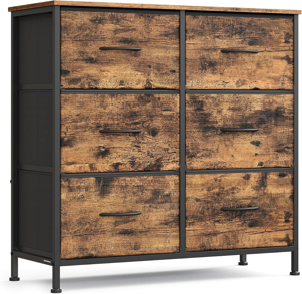 SONGMICS Dresser - 6 Non-Woven Fabric Drawers Storage Organizer Unit for Bedroom | Rustic Brown & Ink Black
