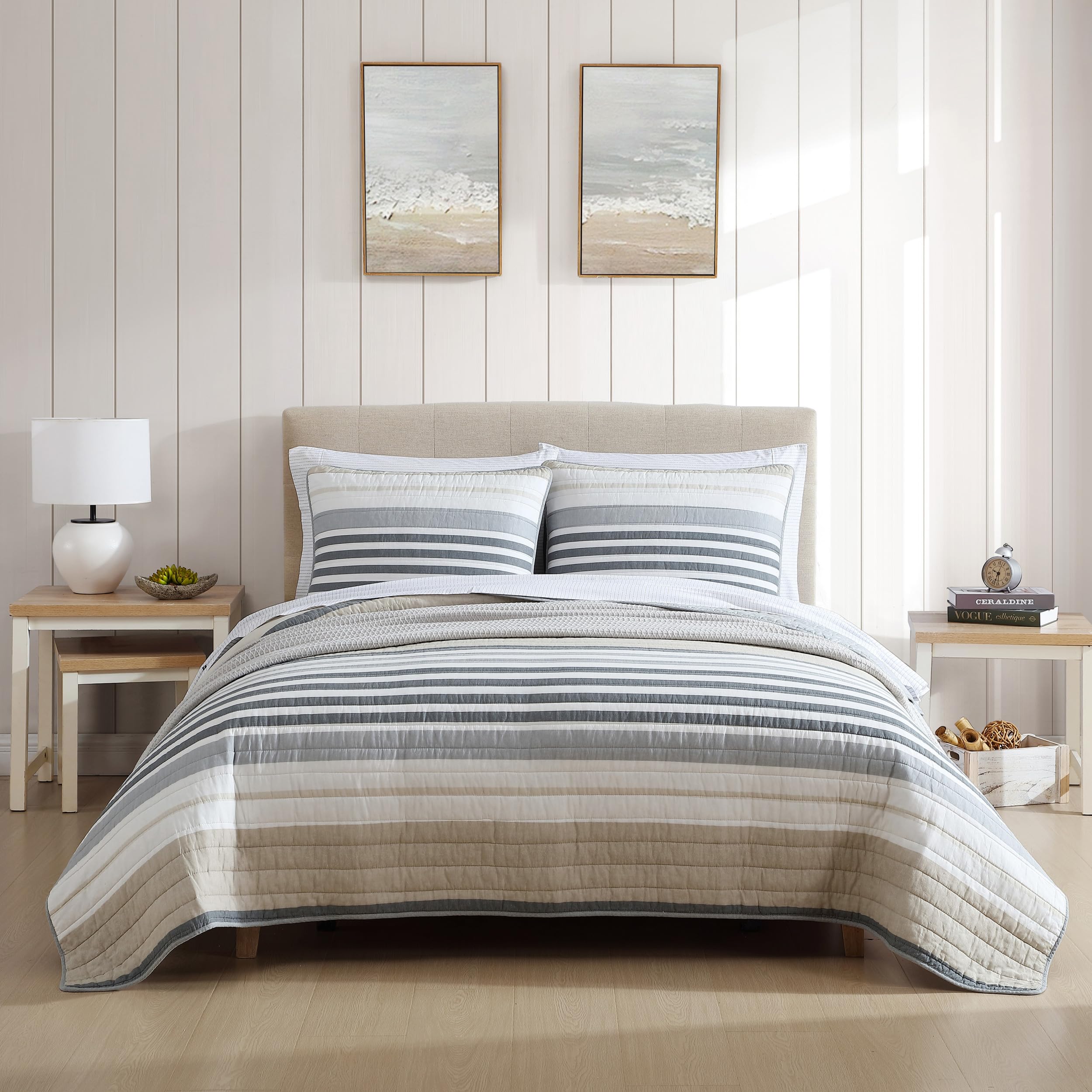 Nautica - Queen Quilt Set, Reversible Cotton Bedding with Matching Shams, Modern Home Decor for All Seasons (Dover Beige, Queen)