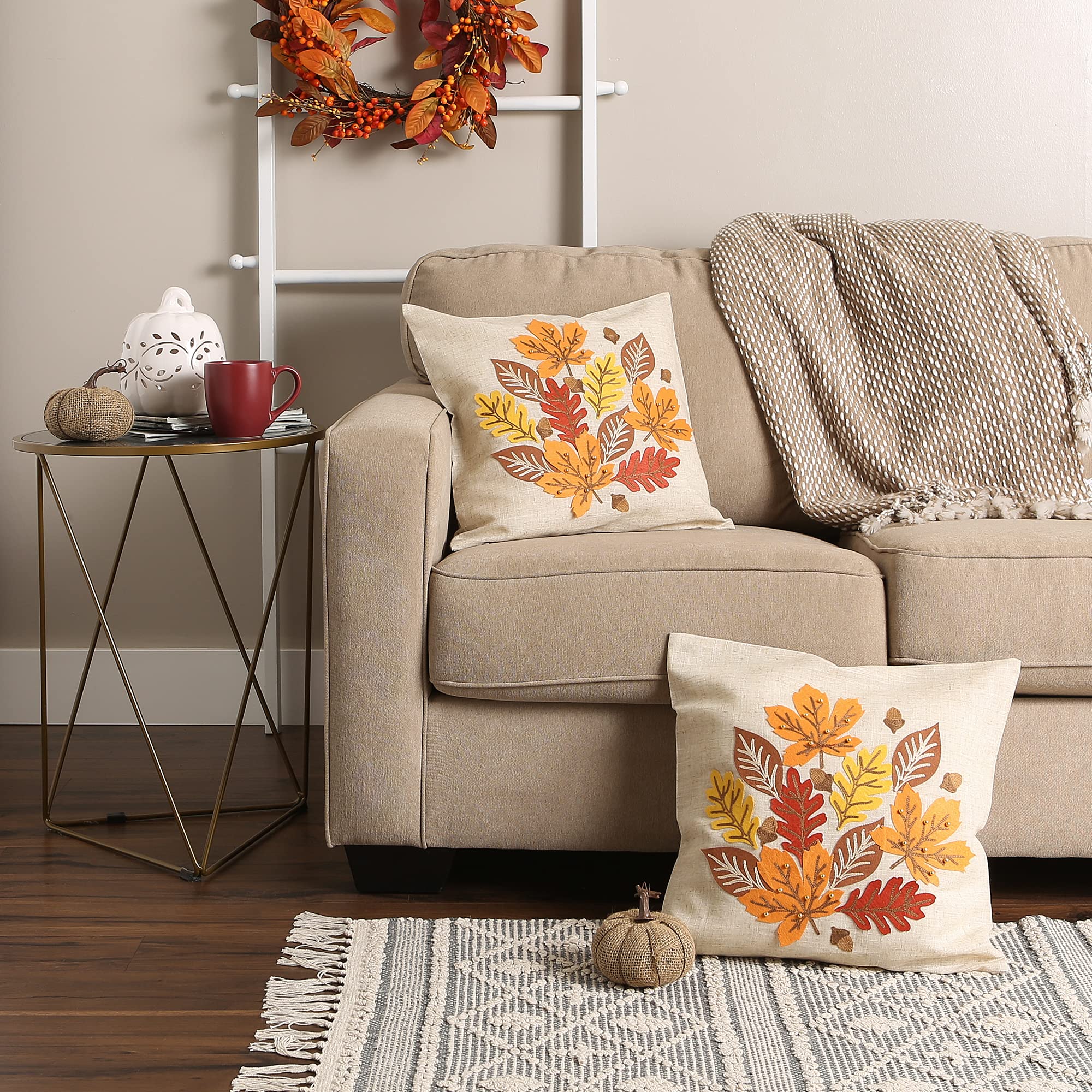 DII Decorative Holiday Throw Pillow Cover Collection, Ornate Embroidered Decorative Accents, 18x18, Falling Leaves, 2 Piece