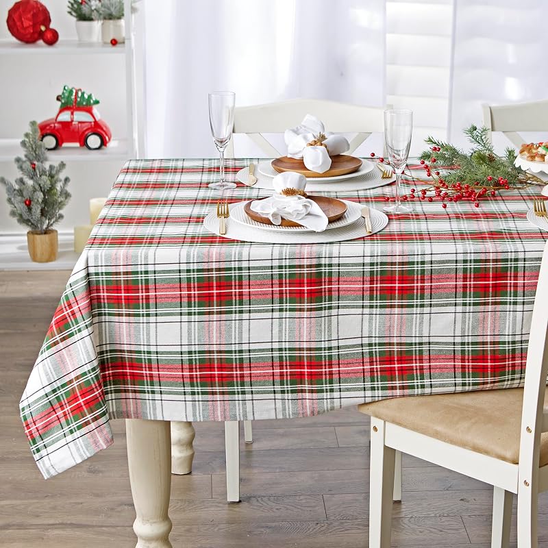 DII Red Green White Tartan Tablecloth 60x104 Inch – Cotton, Seats 8-10