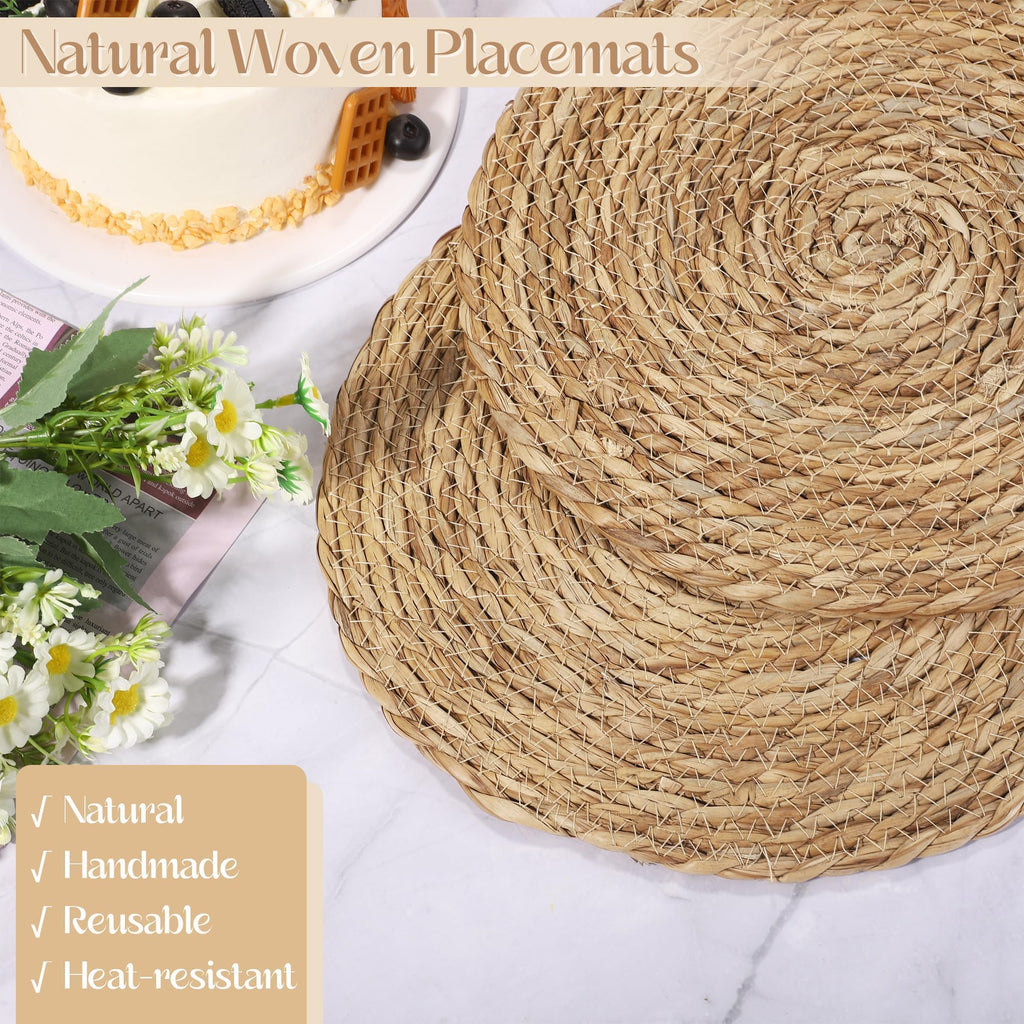 Aneco 48 Pack 12-Inch Round Woven Placemats Natural Hand-Woven Boho Rattan Wicker Bulrush Placemat Farmhouse Rustic Braided Table Mats for Dining & Kitchen Decor
