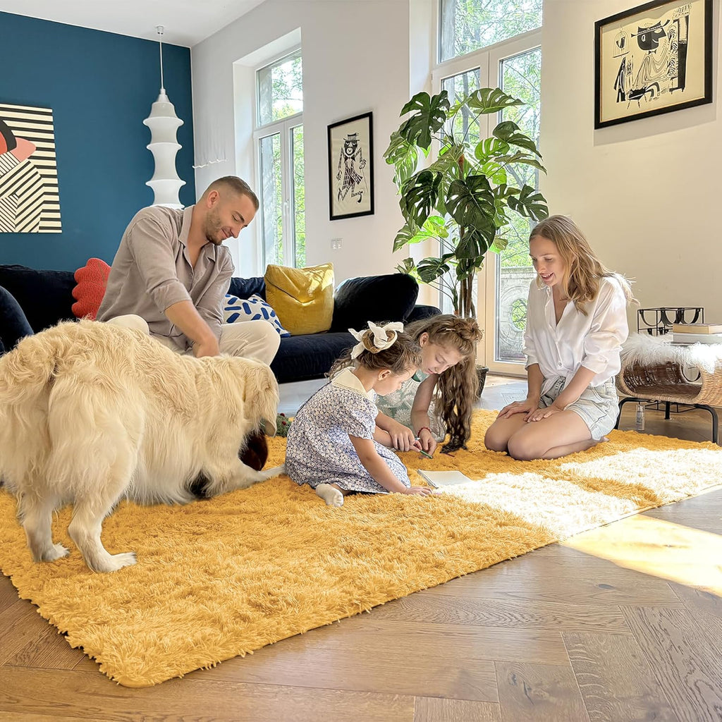 OLANLY Soft Fluffy Shaggy Bedside Rug - 3x5 Machine Washable Indoor Carpet in Mustard Yellow