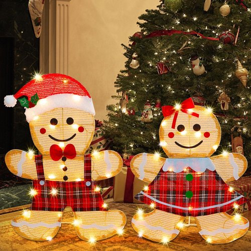 Joliyoou Christmas Yard Decoration, Set of 2 Pre-lit Gingerbread Man with 50 Warm White Lights, 2D Gingerbread Man Couple for Xmas Front Door Indoor Outdoor Lighted Holiday Displays