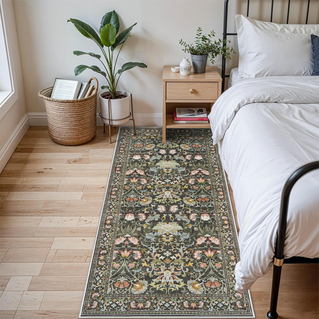 Skiennix Vintage Floral Area Rug - Ultra Soft Anti-Slip Kitchen Runner Mat | 3x6 Green