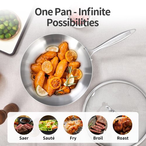 LOLYKITCH 8.5-10 Inch Tri-ply Stainless Steel Frying Pan Set with Lid,Skillets,Induction Cookware,Dishwasher and Oven Safe