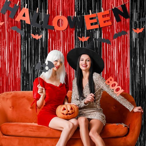 8 Pack Halloween Party Supplies - Red & Black Foil Streamers | Metallic Fringe Curtains Backdrop