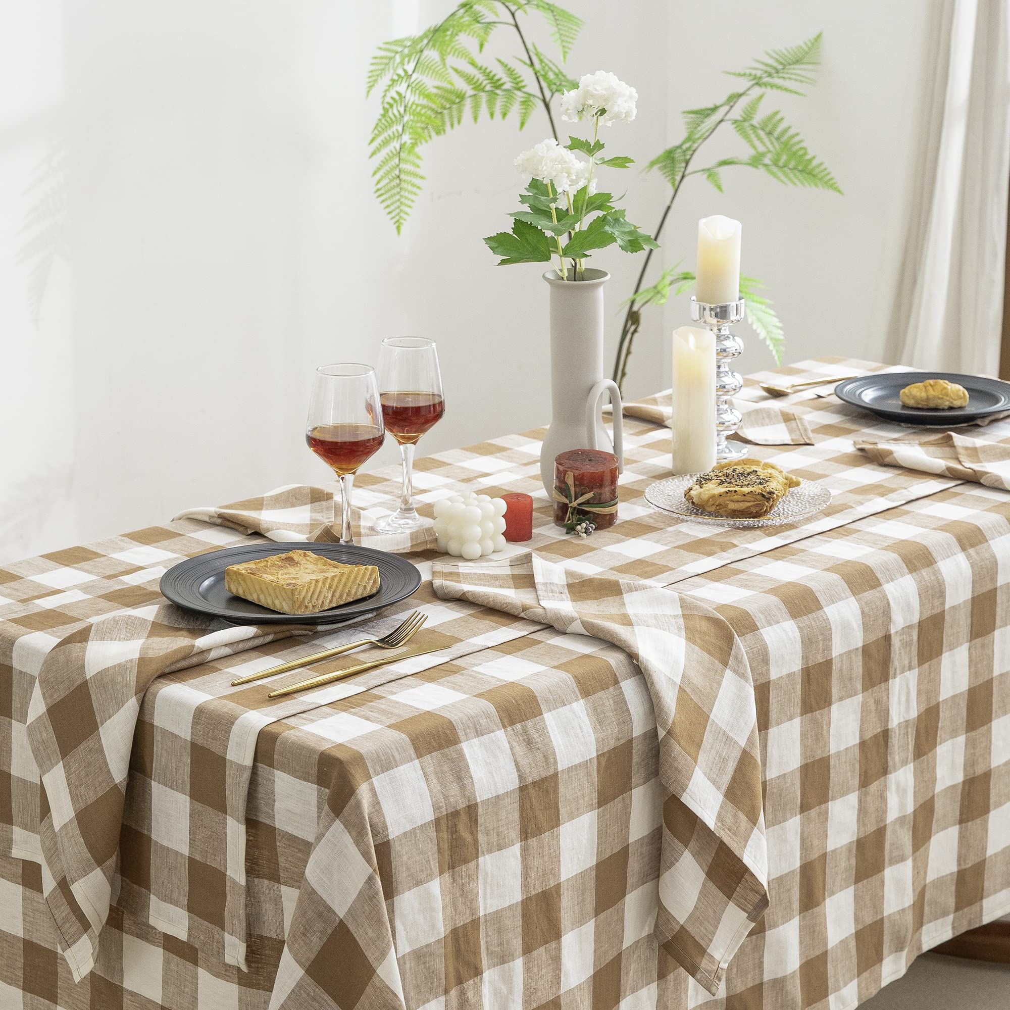 EVERLY 100% Yarn-Dyed Linen Rectangle Tablecloths 60x144Inches for Dining,Buffet Parties,Picnic,Events and Restaurants,Decorative Halloween,Thanksgiving Machine Washable Tablecloths-Brown Plaid