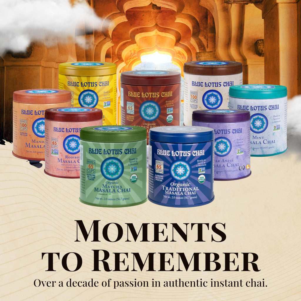 Blue Lotus Chai Tea - Fully Organic Traditional Masala Chai - Makes 65 Cups - 2 Ounce Masala Spiced Chai Powder with Organic Spices - Instant Indian Tea No Steeping - No Gluten
