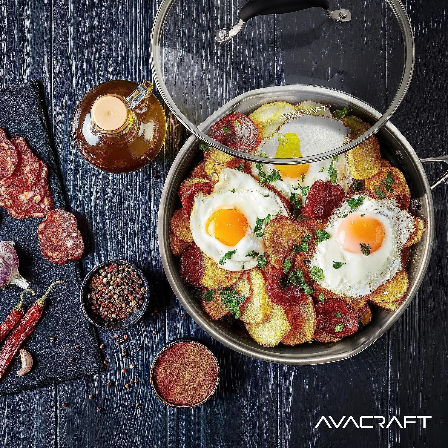 AVACRAFT 10 Inch Tri-Ply Stainless Steel Frying Pan with Lid, Side Spouts, Induction Pan, Versatile Stainless Steel Skillet, Fry Pan in our Pots and Pans (Tri-Ply Stainless steel,10 Inch)