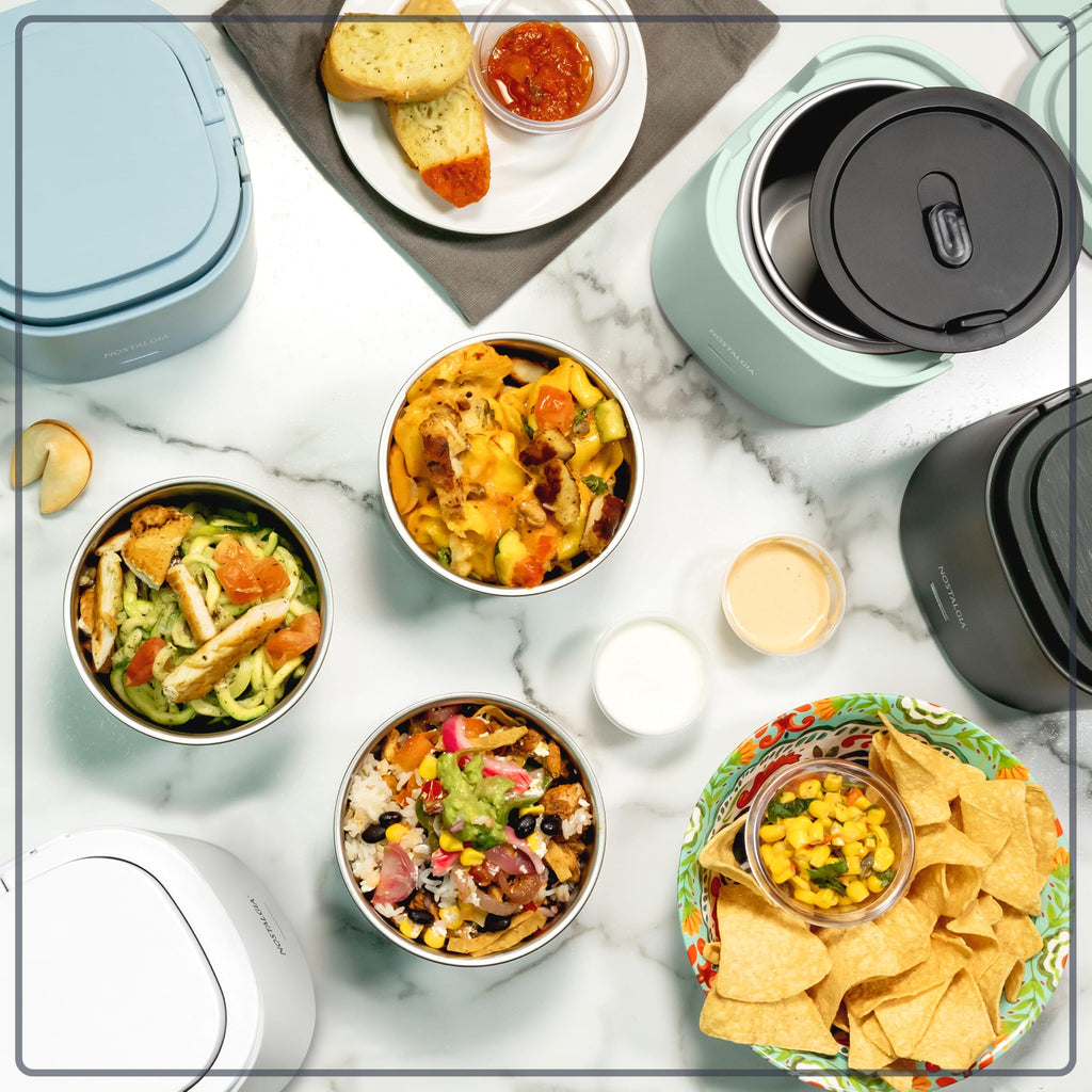 Nostalgia Portable Heated Lunch Box – 2.5-Cup Stainless Steel Food Warmer – Detachable Cord, Leak-Proof Lid, Carry Handle – Portable for Work & Travel – Sage