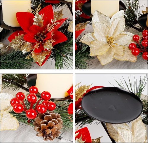 FORUP Christmas Centerpiece - Elegant Poinsettia Design with 3 Flameless Candles | Perfect for Holiday Table Decor