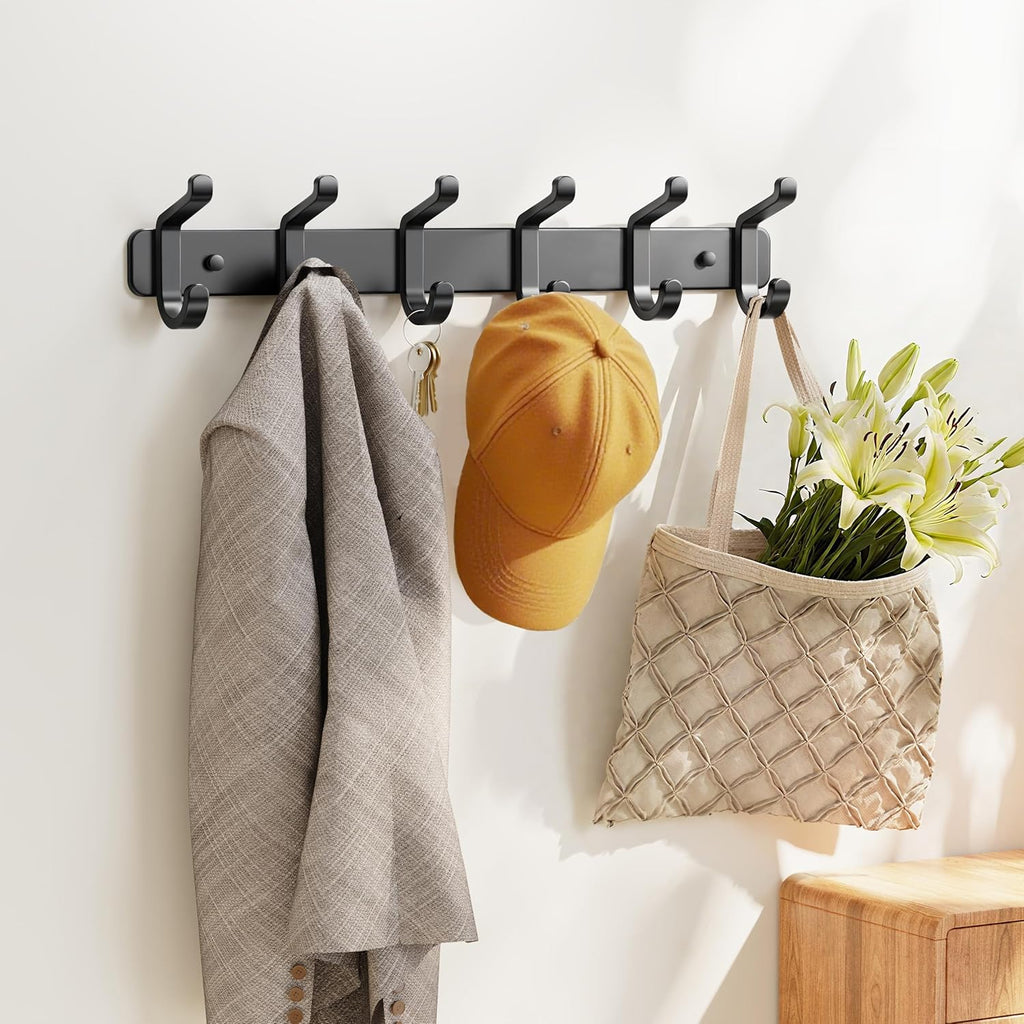 Pickpiff Coat Rack - Heavy-Duty Wall-Mounted Metal Hanger with 6 Hooks for Hats, Clothes & More | Black, 1 Pack