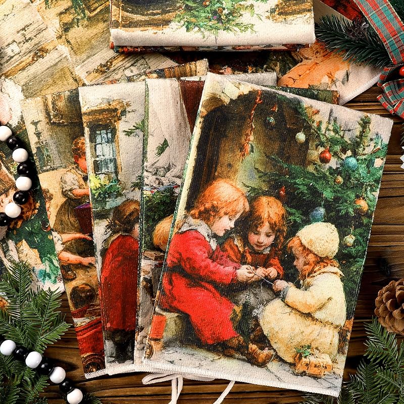 Fourluoo 8 Pcs Christmas Retro Kitchen Towels Set - Vintage Rustic Dish Towels (Variation: Retro)