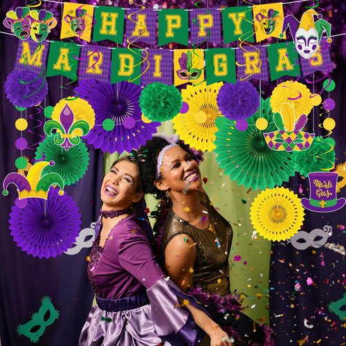 Heartome 25PCS Mardi Gras Decorations, Mardi Gras Party Favors Decor Kit with Paper POMPOM, Happy Carnival Paper Fans Banner Felt Garland, Crown Hanging Swirls for Carnival Party Parade Accessories