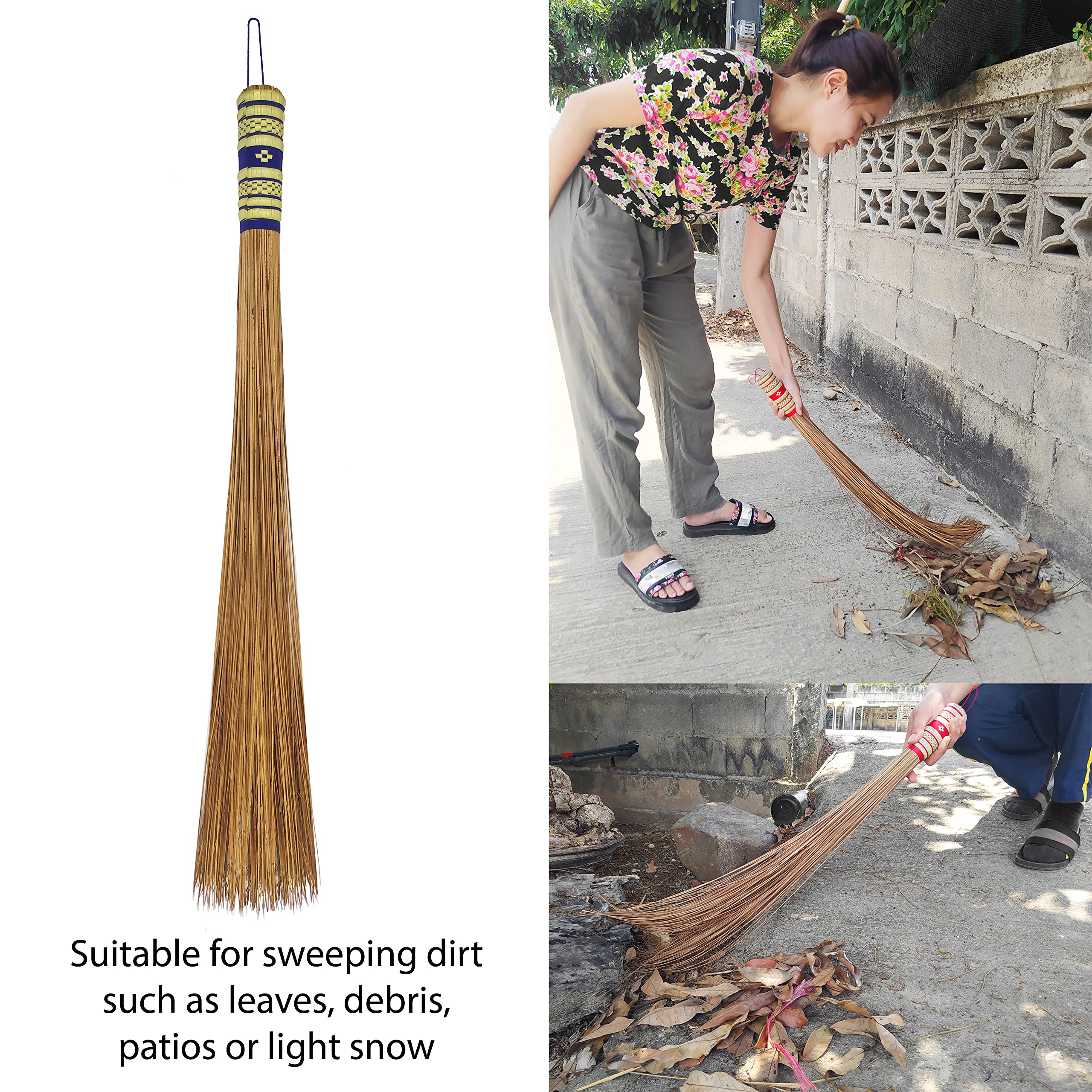 32 inch Multi-Surface Sturdy Outdoor Authentic Coconut Leaf Broom Asian Heavy Duty Broom Thai Natural Coconut Leaf Broom (Country Rustic) 1 Piece