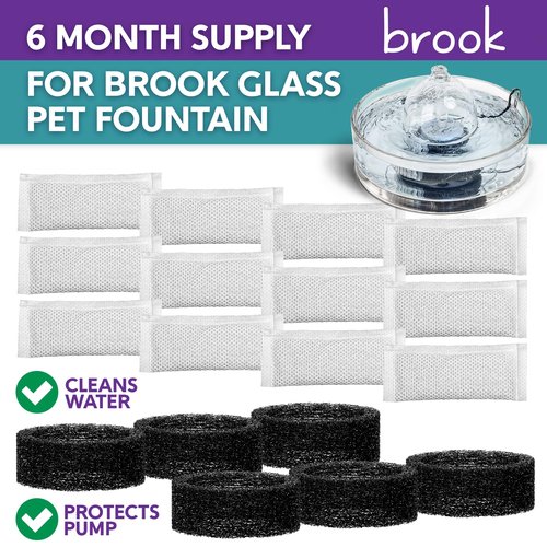 BROOK Glass Pet Fountain Filter Replacement Set – 6 Filter Rings & 12 Activated Carbon Pouches – Up to 6 Month Supply Replacement Filters Set for BROOK Cat Fountain