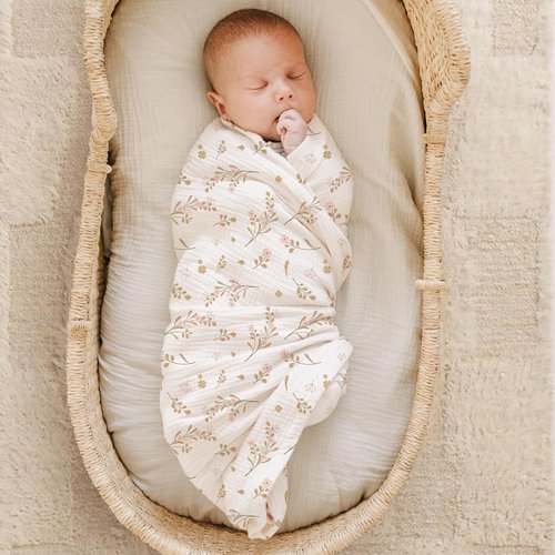 Konssy Muslin Swaddle Blankets - Soft & Breathable 2-Pack Baby Receiving Blankets | Large 47 x 47 Inches (Pink, Floral)